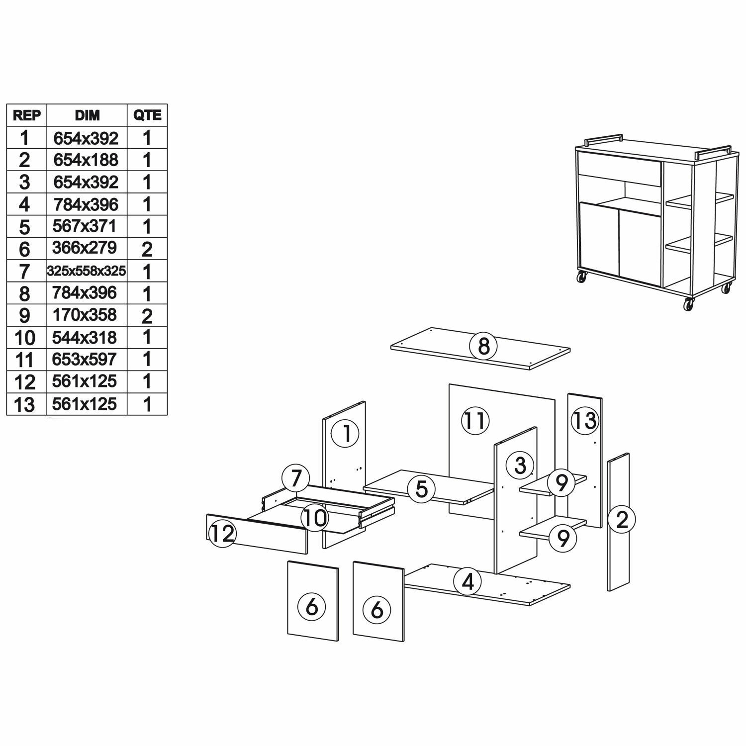 Küchenwagen EICHE 283 schwarz Küchentrolley Schublade Küchenschrank